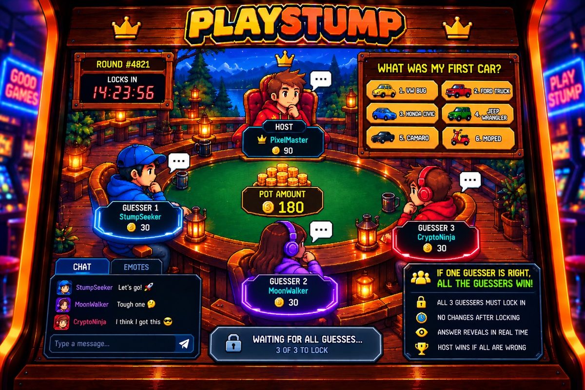 Inside a PlayStump game: the host deals a secret question to three blind guessers around the table