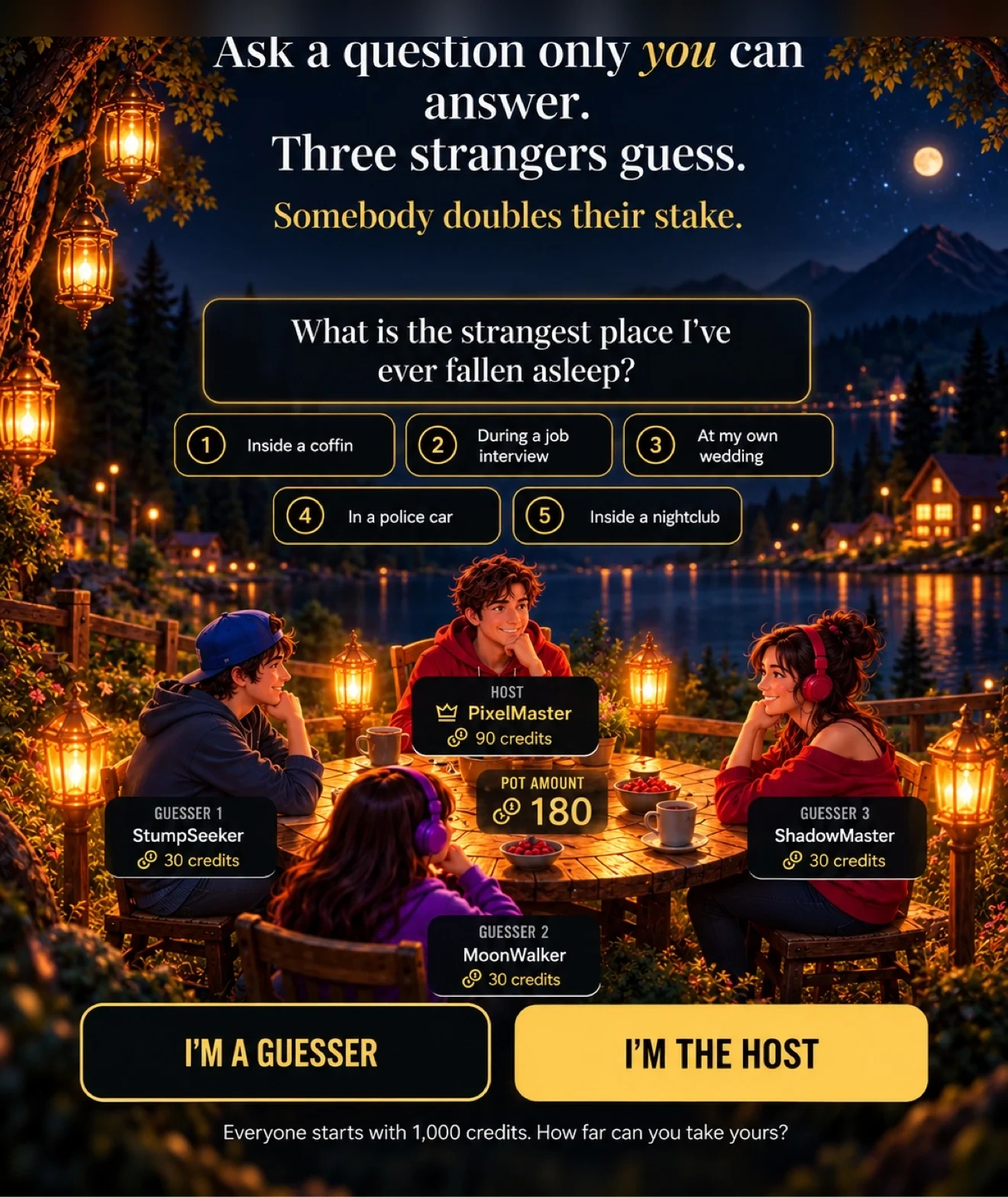 PlayStump at a lakeside table at night: a host holds a secret question with five answers while three guessers try to crack it